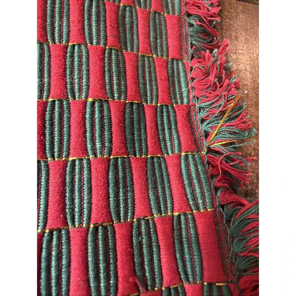 Vtg Handwoven Placemats Set of 5 Red Hunter Green Metallic Gold Illusion Fringe